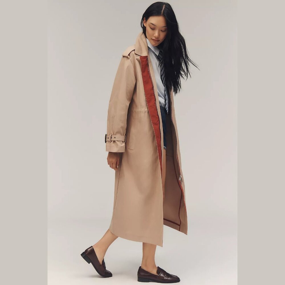 NEW Maeve Size L Women's Cinched-Waist Long Trench Coat - Khaki